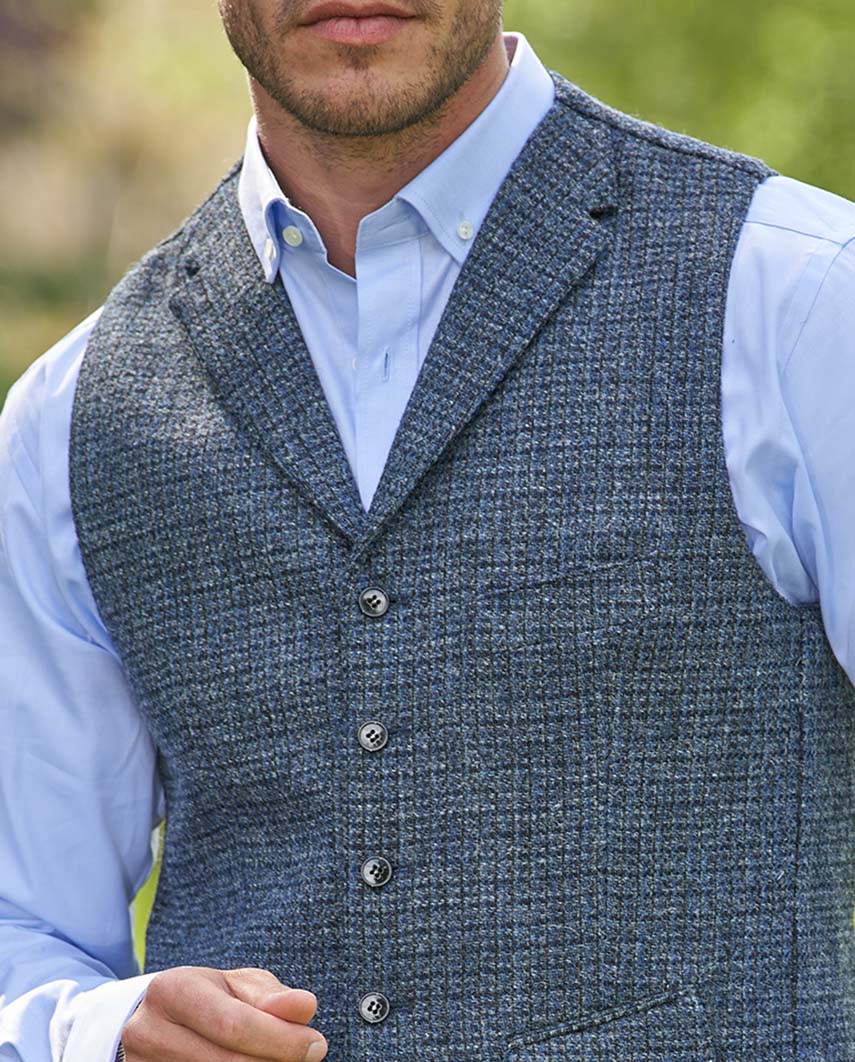 Harris Tweed Weste ''Wales'' in blue houndstooth - Wellington of Bilmore