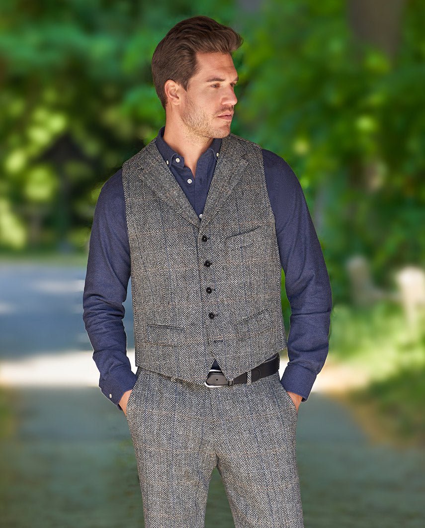 Harris Tweed Weste ''Wales'' in grey herringbone - Wellington of Bilmore