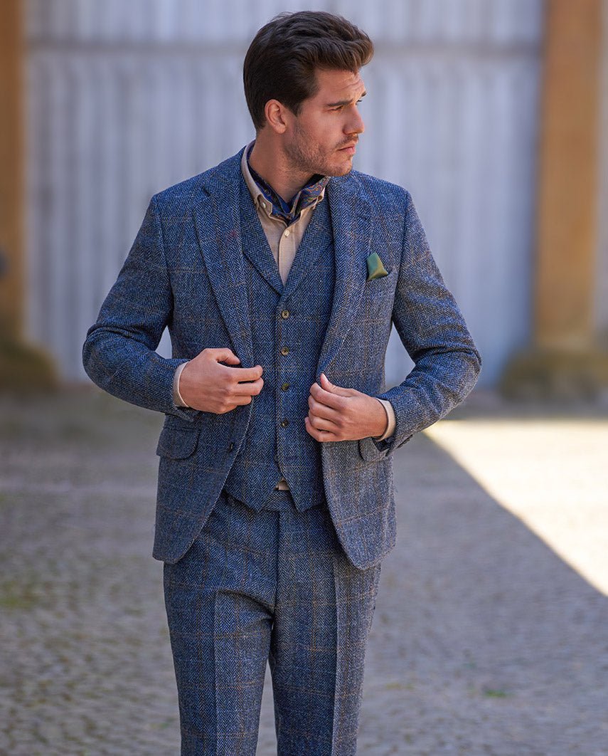 Harris Tweed Sakko ''London'' in grey - blue herringbone - Wellington of Bilmore