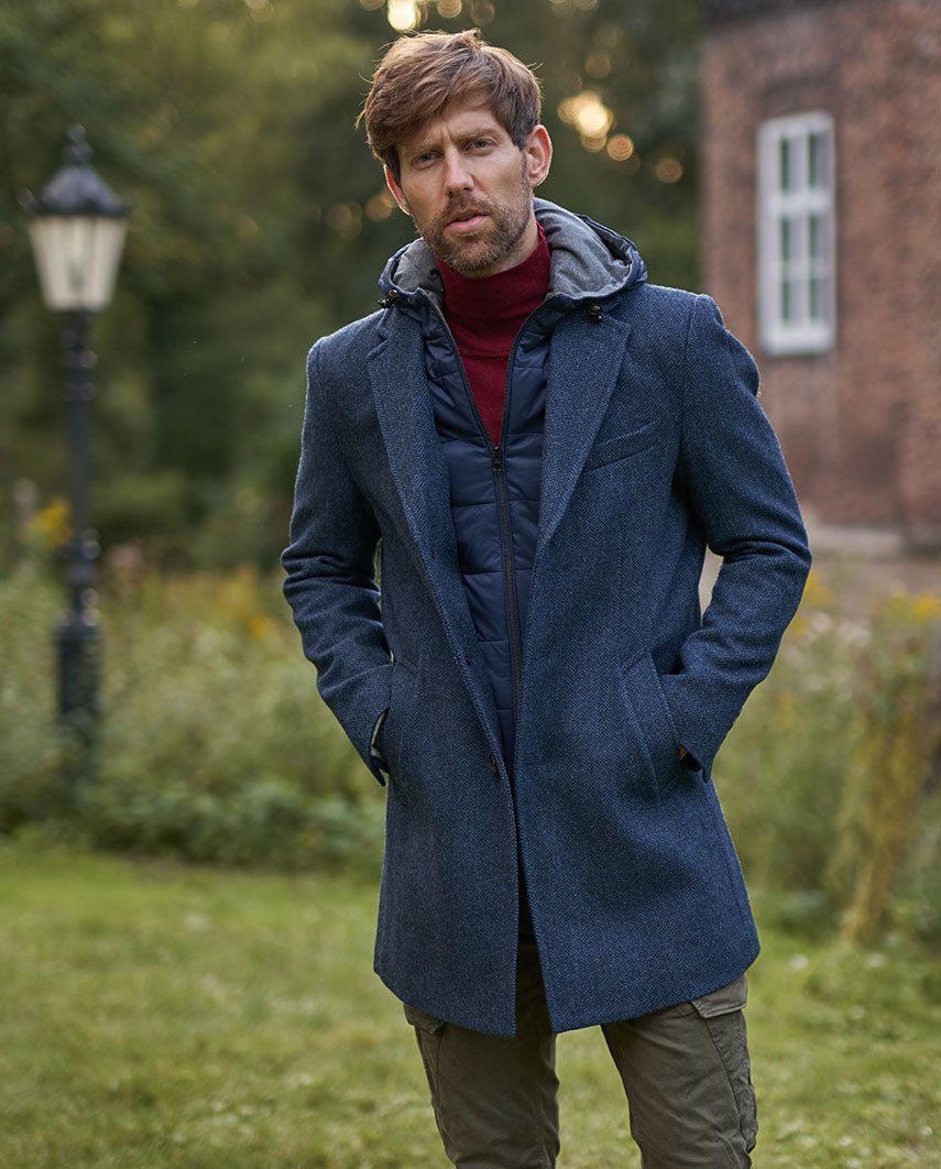 Herren Kurzmantel ”Flynston” mit Westeneinsatz in blue Herringbone - Wellington of Bilmore