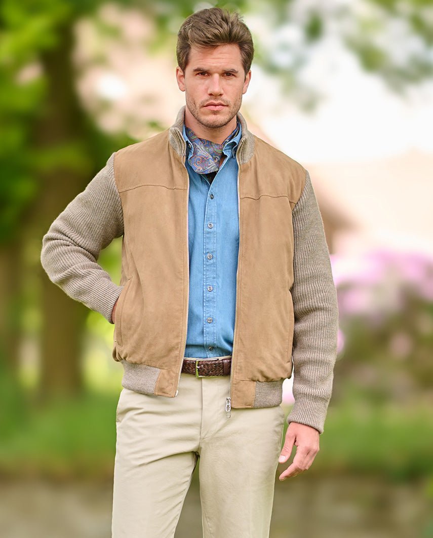 Herren Lederjacke ‚,Nicolas‘' aus Ziegenvelours & Strick in Sand - Wellington of Bilmore