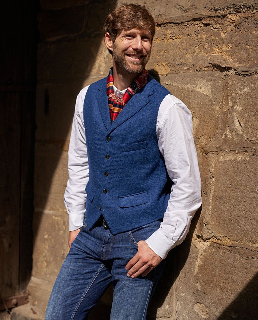 Wales - blaue Harris Tweed Weste mit Kragen - Wellington of Bilmore